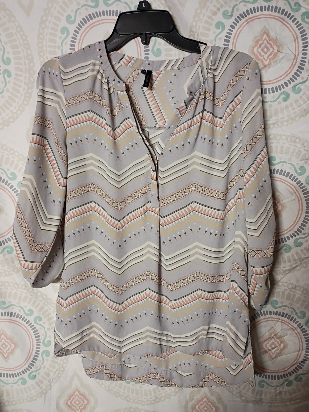 Maurices Chevron-Print V-Neck Blouse - Light Gray, Cream & Tan